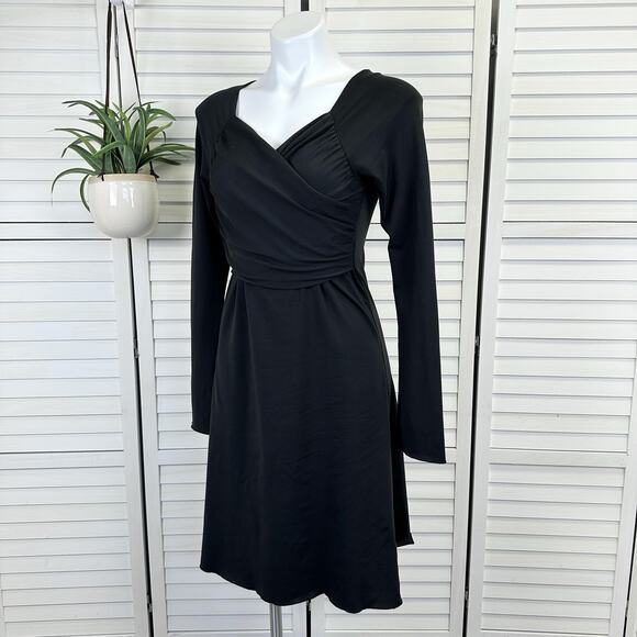 Prana Black Tally Dress Cross Front Faux Wrap Long‎ Sleeve Key Pocket Size M - Picture 1 of 8